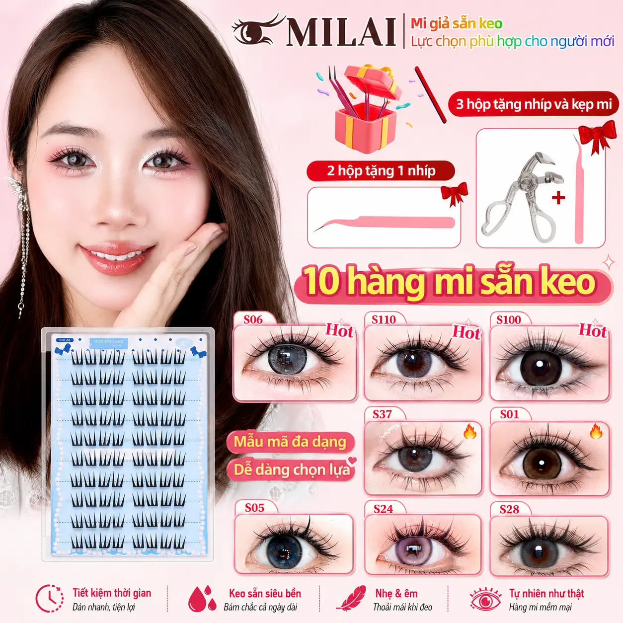 MILAI 10 bộ mi sẵn keo | Kiểu tự nhiên & dày đẹp | Mua từ 3 hộp tặng 1 nhíp + 1 kẹp mi
