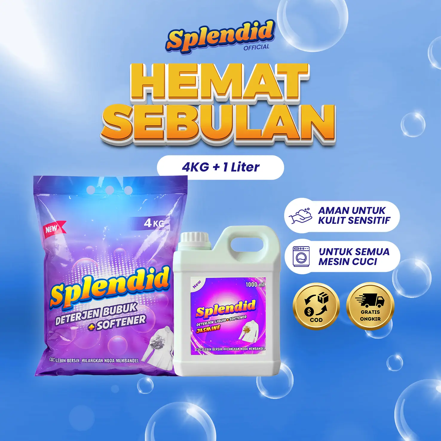 Splendid Hemat Sebulan Detergent Laundry + Softener 4KG + Liquid 1L Deterjen Wangi Jasmine Detergen