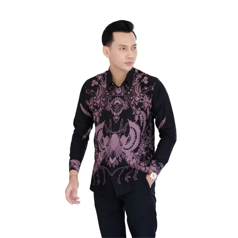 Kemeja batik solo premium slimfit lapis furing kombinasi warna ungu taro hitam bahan katun halus Pria 2