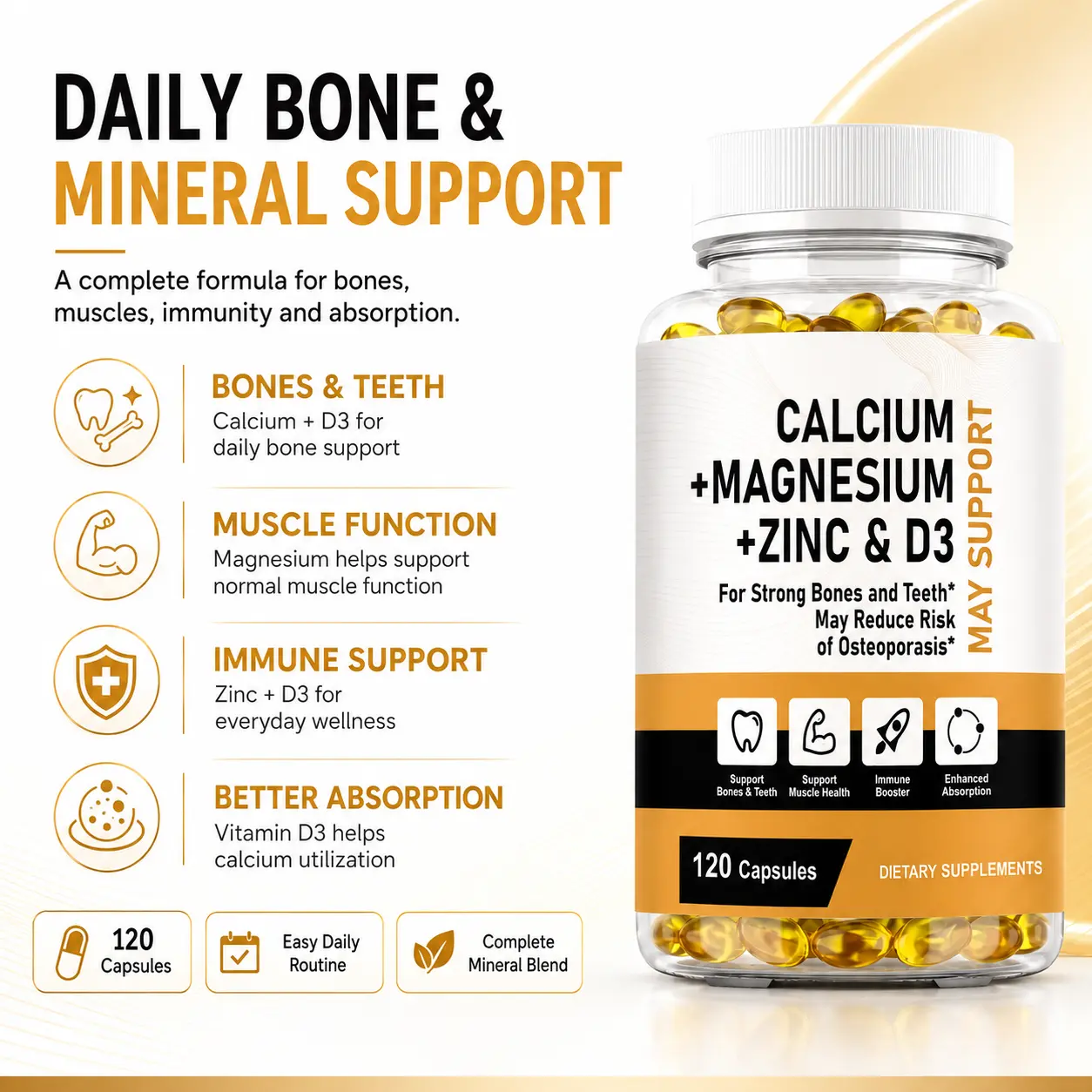 Kalsium Magnesium Zinc & Vitamin D3, membantu menjaga kesehatan sendi serta fleksibilitas gerak sehari-hari.120 Kapsul