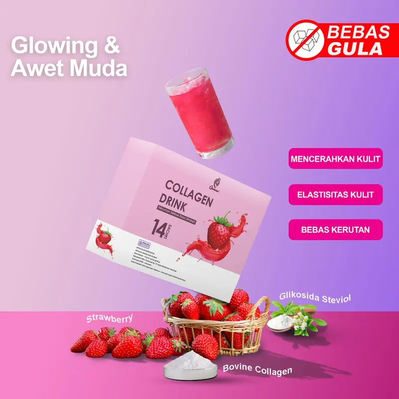 Queensi Collagen Drink - Minuman Kolagen Serbuka Rasa Strawberry dengan Vitamin C dan E Pemutih Badan & Kulit 2