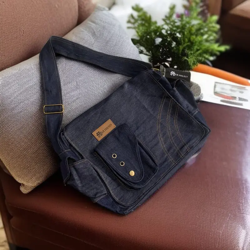 AAMCOLLECTION - tas slempang unisex bahan jeans Polos Selempang cowok 5