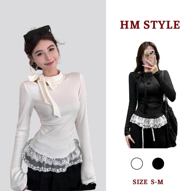 Áo Thun Dài Tay Cổ Nơ Lệch Rúm Eo Phối Viền Ren Tiểu Thư Chất Thun Tăm Ôm Body Co Dãn HA208 HMStyle