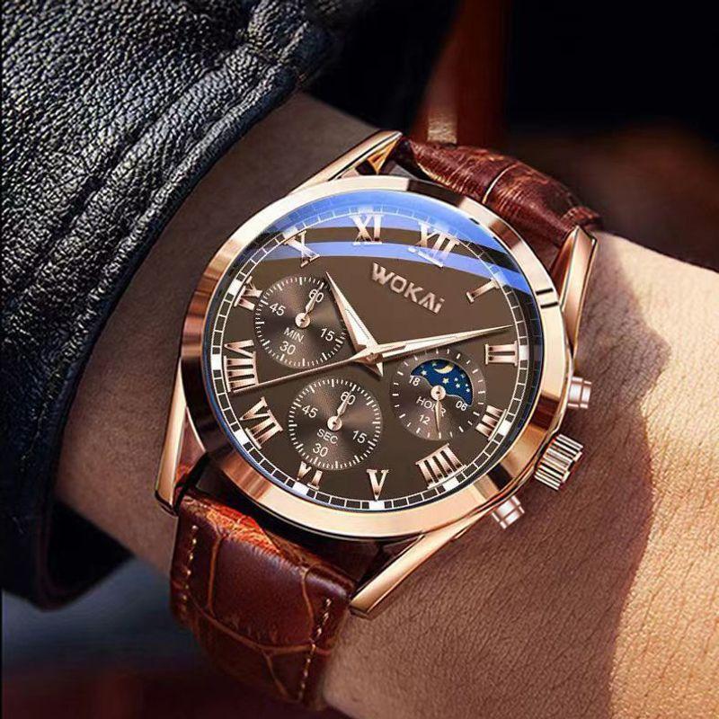 `Đồng hồ nam sang trọng kiểu chronograph, dây da bền, hiển thị mặt trăng, nhiều chức năng, phong cách lịch lãm, quà tặng cho đàn ông`