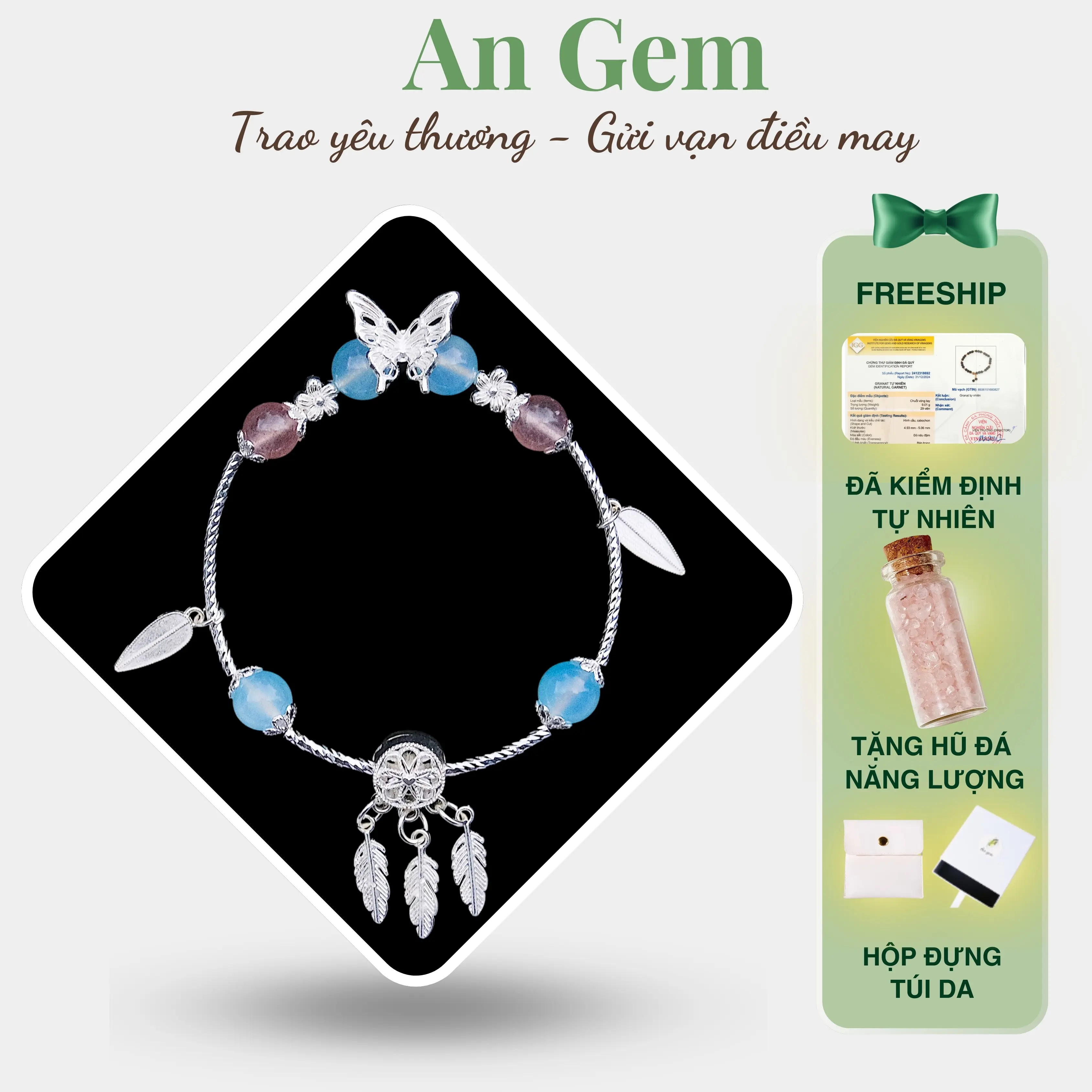 Vòng tay nữ Dreamcatcher mix đá tự nhiên An Gem, lắc tay nữ đính đá charm phụ kiện tinh tế Bracelet quà tặng sinh nhật giáng sinh Noel Tết Valentine  [TẶNG HŨ ĐÁ NĂNG LƯỢNG]