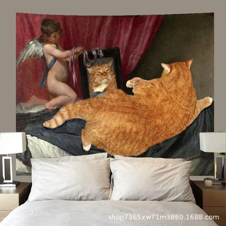 Latar Belakang Kucing Retro, Kain Gantung Seni Lukisan Minyak, Kain Dinding Kamar Tidur, Dekorasi Apartemen Sewa, Hiasan Asrama, Permadani Gantung Ins