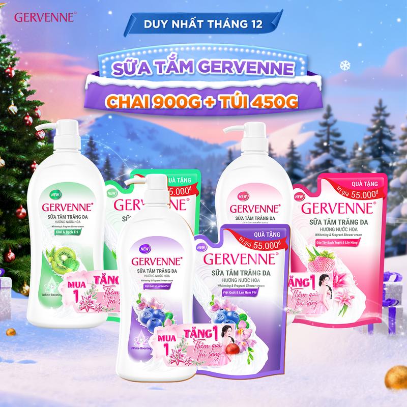   PEWPEW   Sữa tắm Gervenne 900g + Tặng Túi sữa tắm 450g Dâu Tây và Lily Hồng  Kiwi & Bạch Trà  Việt Quất & Lan Nam Phi 