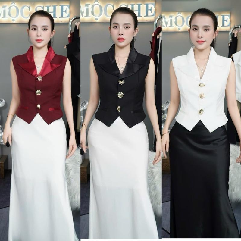 T640- Áo gile tay hến có lót phối viền lụa kèm tag rời Mộc She