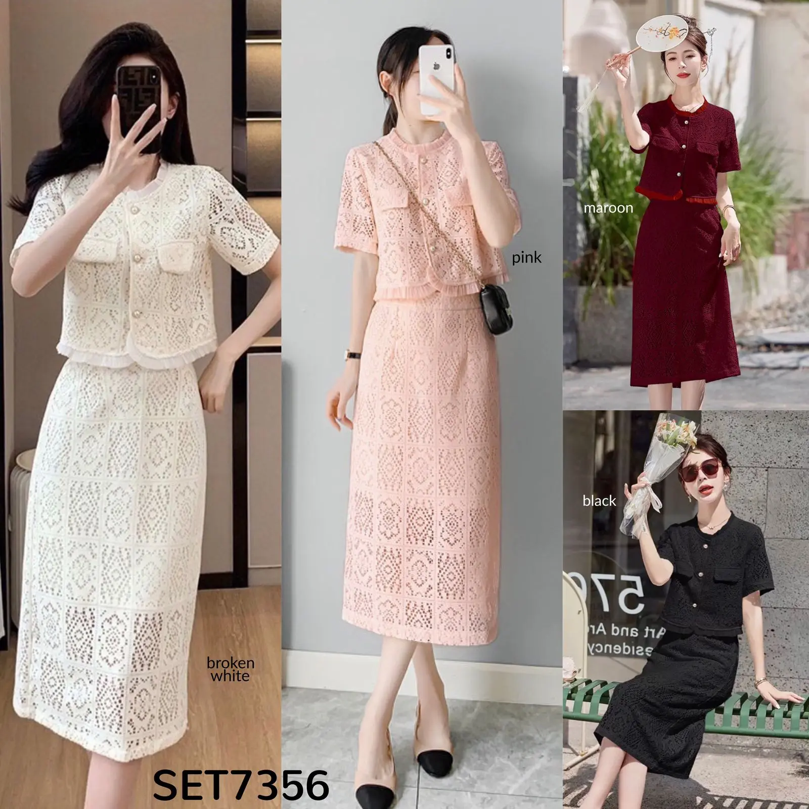 SET7356 Valerie Lace Top with Midi Skirt Set