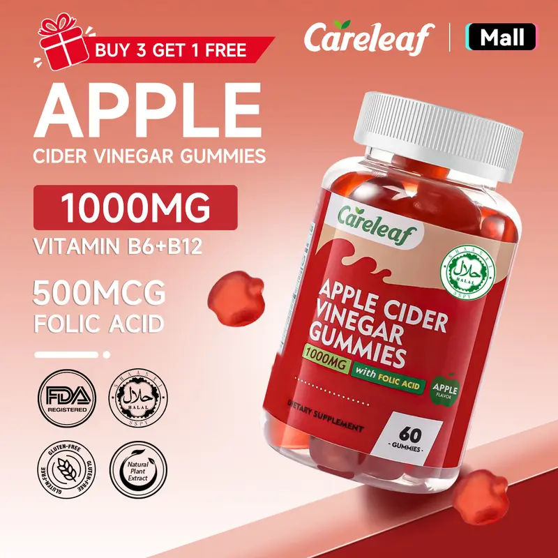 【Buy 3,get 1 free】Careleaf - ACV Gummies - 1000mg ACV, With Beetroot, Vitamin B12 & B6 - Vegan, Halal, Non-GMO, Gluten-Free - 60 Gummies/Bottle - Fitness Healthcare