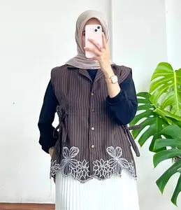 VEST Wanita | Outer Stripe x Bordir Premium_ Bahan Semi Woll Tali Pinggang Salur_Rompi wanita Korean and Kasual Kekinian