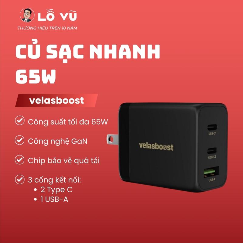 Củ sạc nhanh 65W 3 cổng velasboost, Sạc chuẩn PQ, QC - Cục sạc nhanh, Lỗ Vũ 1, levu01, vuabanlo