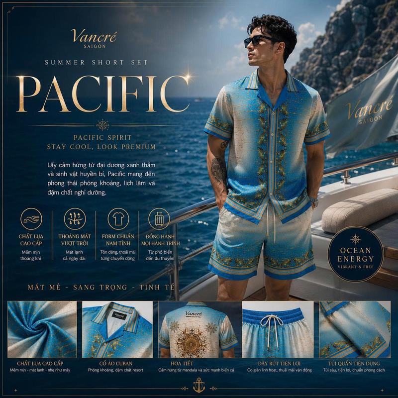 DEAL MỞ BÁN - PACIFIC Design By Vancré Saigon. Thiết Kế Cổ Curban, Họa Tiết Sang Trọng, Chất Mềm Mịn Đẹp, Menswear size từ 45 - 80kg