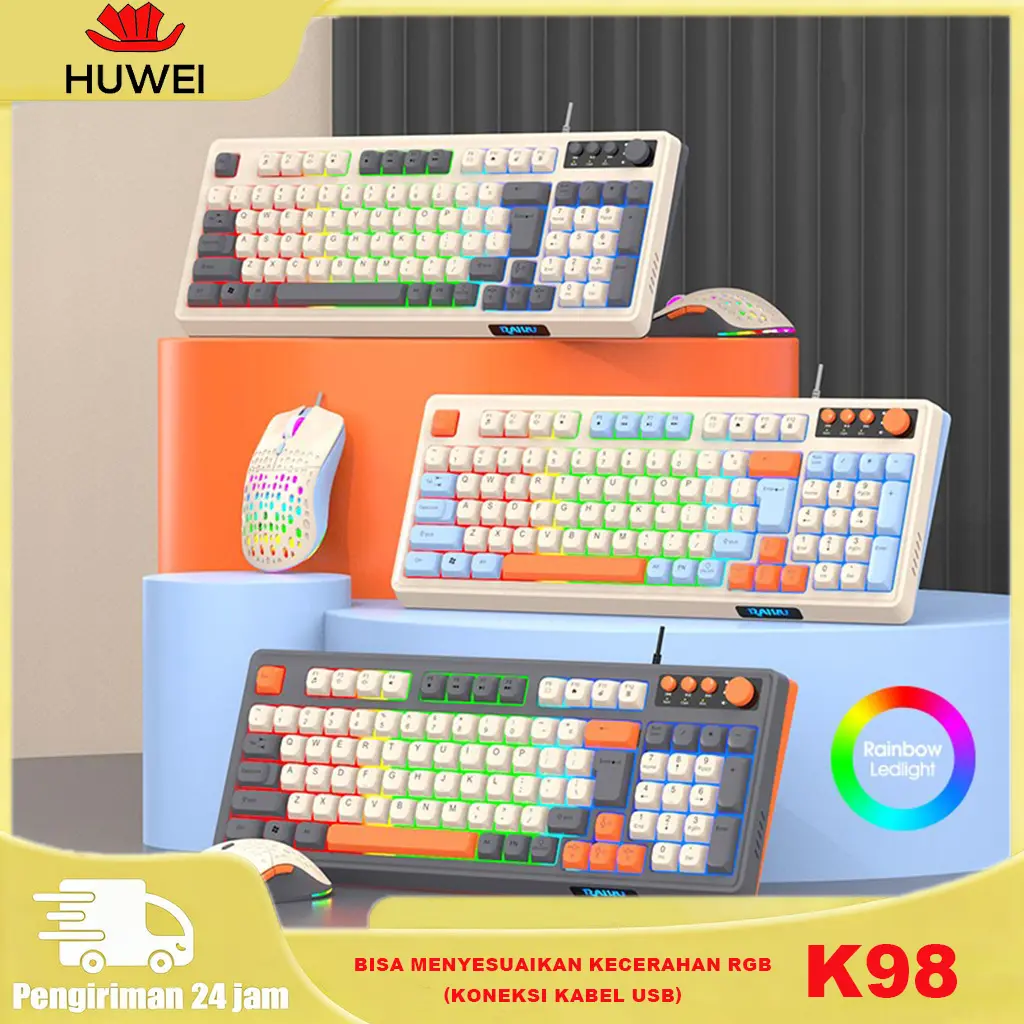 HUWEI K98 Keyboard  dengan Efek Lampu RGB, Tombol Multimedia Cepat Akses,  Gaming USB untuk Laptop PC, Desain Ergonomis Tahan Air, 98 Tombol, Konektivitas USB, Cocok untuk Game dan Kerja - Computer, Elektronik
