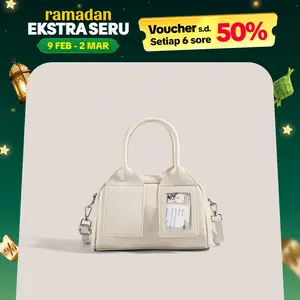 Tas Boston genggam retro Korea untuk wanita tas persegi kecil warna solid kulit mengkilap mode khusus jahitan bergaya tas selempang bahu