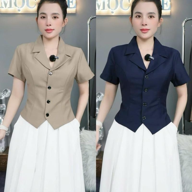T530 - Áo cổ vest tay con 2 lớp chất cotton Hàn giãn nhẹ mềm mịn mát Mộc She