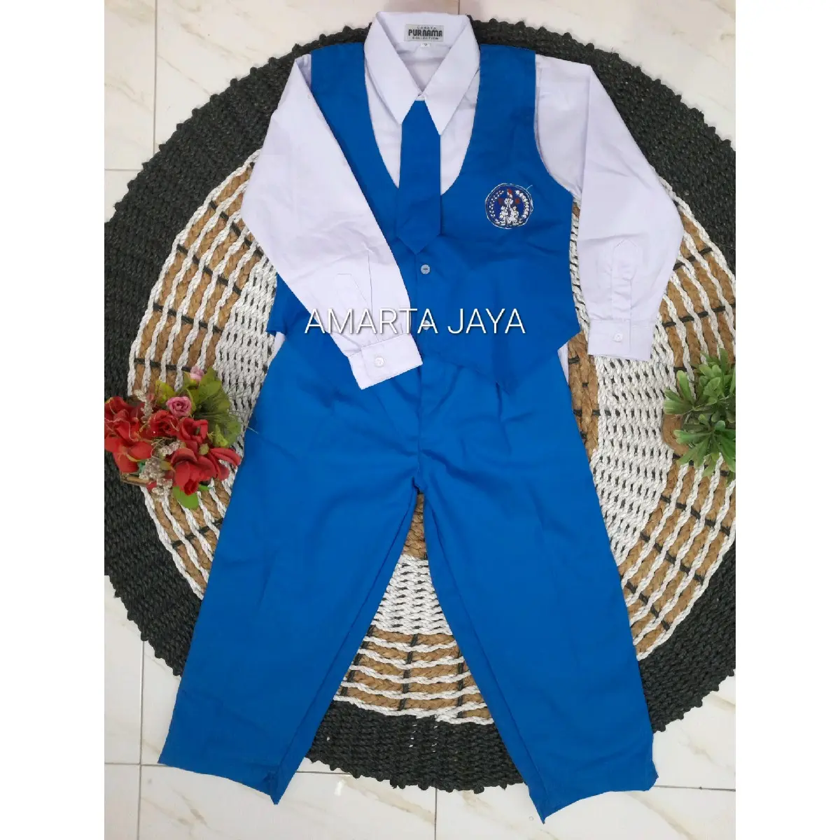 SETELAN SERAGAM PAUD DAN TK PGRI COWOK PANJANG WARNA BIRU PUTIH BAJU BAHAN KATUN DELTA DAN CELANA ROMPI BAHAN GRAND MASTER MURAH BERKUALITAS