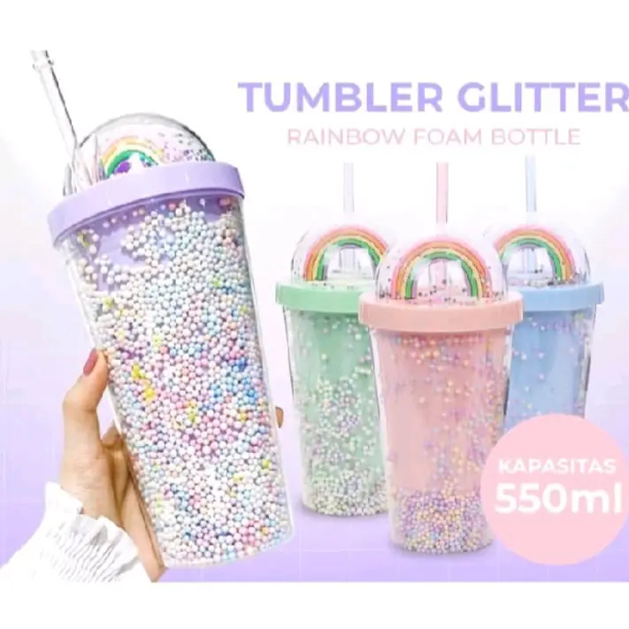 BOTOL MINUM TUMBLER GLITER RAINBAW PELANGI FOAM 550 ML 0