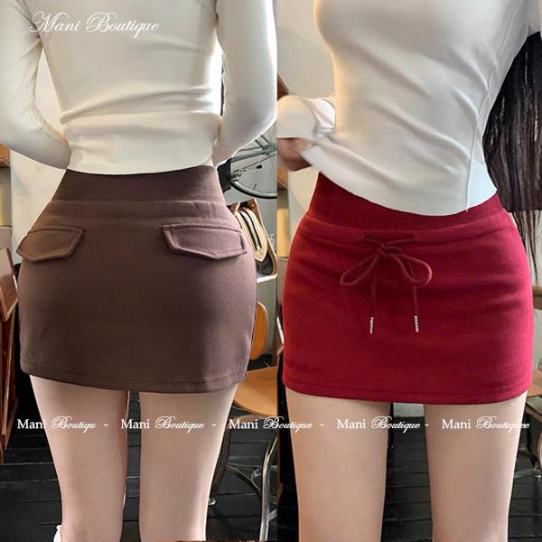  Chân váy ngắn dáng ôm chất nỉ 2 da có lót trong cạp cao thun chun có dây rút màu đỏ mặc đi chơi làm đẹp 