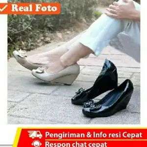SEPATU KERJA PESTA WEDGES PITA POLKADOT BAHAN KULIT SINTETIS KILAP GLOSSY