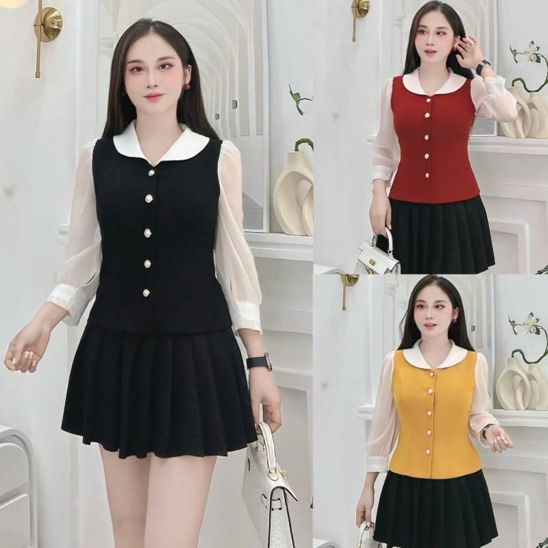ÁO Peplum A111 thiết kế cổ Bẻ trắng phối tay tơ lỡ siêu xinh Không kèm Quần hoặc CV