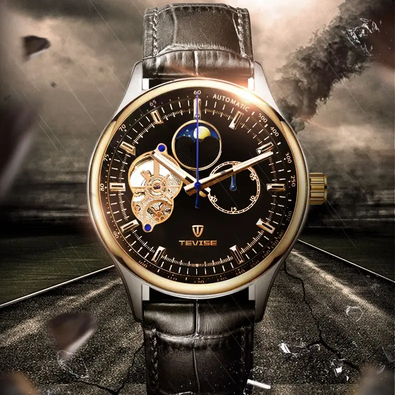 9827TEVISE New hollow flywheel men's fashion mechanical watch