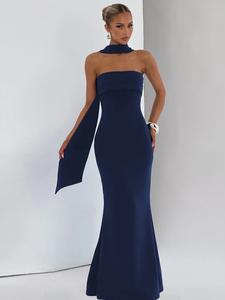 Vestido negro mujer con cuello de lazada, vestido tubo fruncido sin mangas, espalda descubierta; dos piezas con pañuelo halter; maxi largo con cremallera trasera; atuendo sexy para fiesta, club, cita, gala, boda.