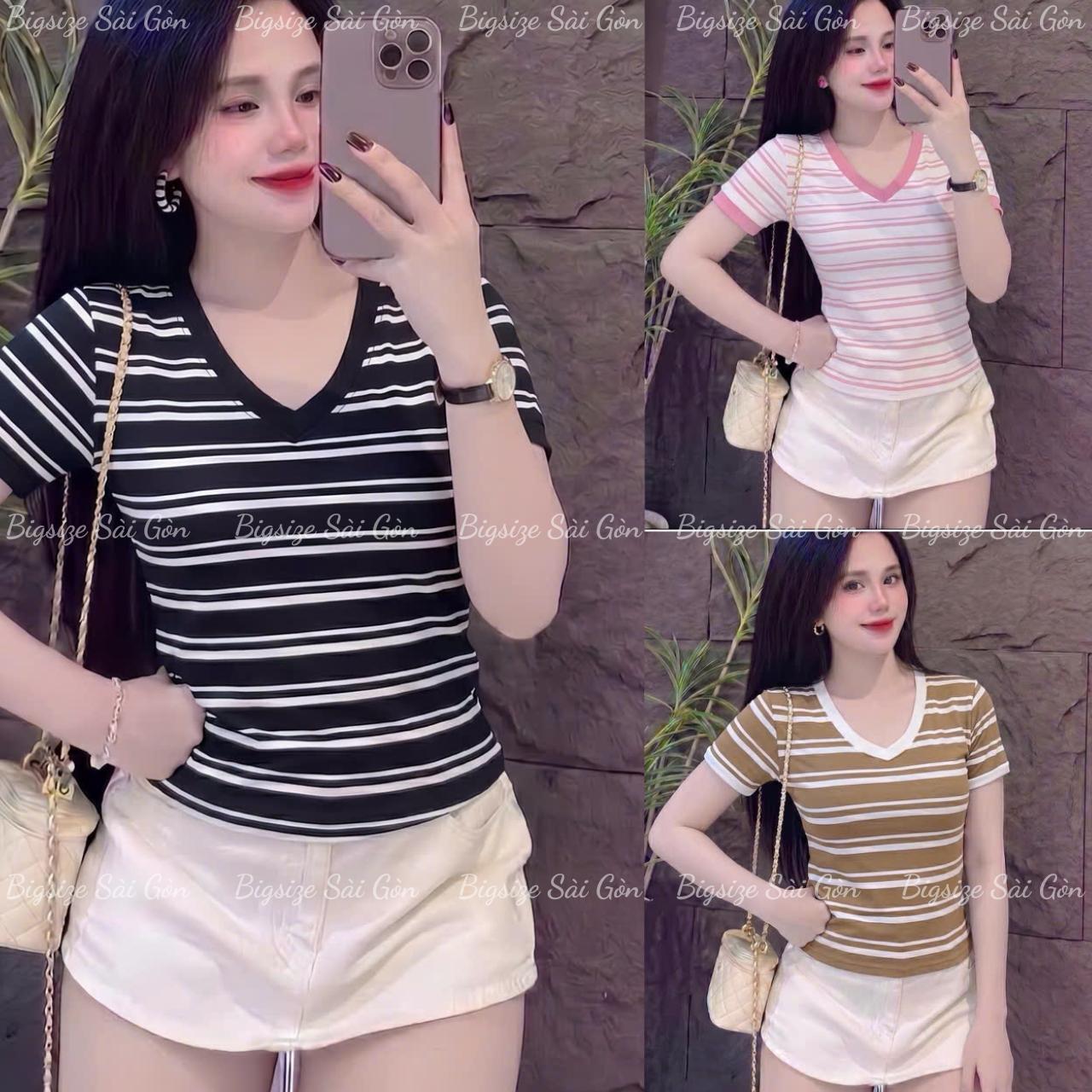 Thời Trang Bigsize Áo Thun Tay Ngắn Phối Cổ Tim Cao Cấp Thanh Lịch Vải Thun Cotton Sọc Đôi Mềm Mát Bigsize Từ 45 - 90Kg Dễ Thương Top Nữ Women - B.1815