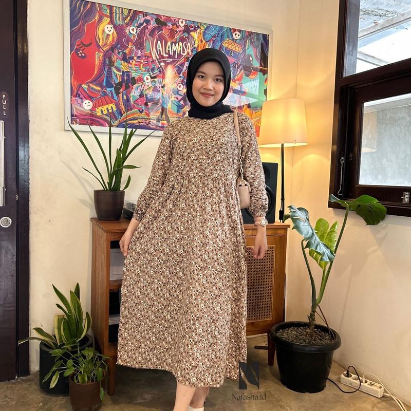 Midi Dress Flowers Busui Frendly Santai Rayon Premium Motif Bunga Cantik Nyaman Menyusui Muslim Baju Gamis Casual Katun Panjang Samping Lembut 6