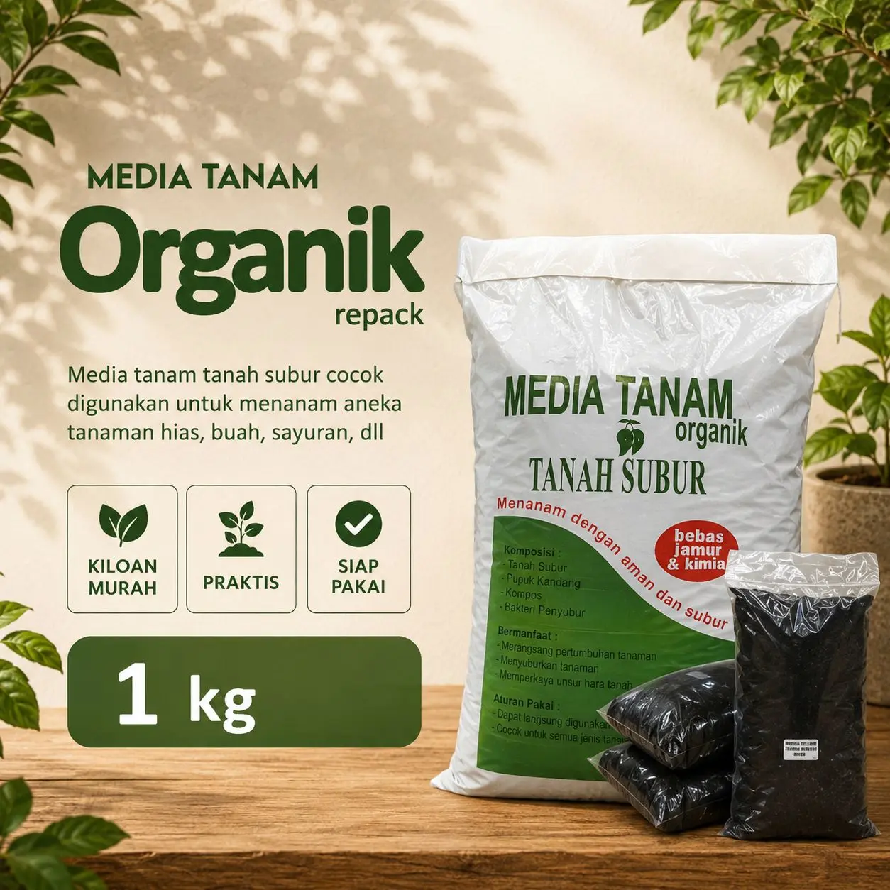 Media Tanam Organik Siap Pakai Repack 1 Kg - Kiloan Tanah Subur dengan Daun Teh dan Pupuk Kandang - Jamur Penyubur - Tanaman