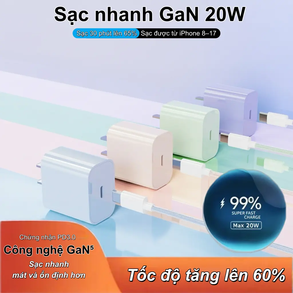Bộ sạc nhanh 20W kèm cáp bọc dù, dùng cho iPhone (Lightning/Type-C), Samsung và điện thoại Android, sạc ổn định, tương thích tốt với iOS và Android.