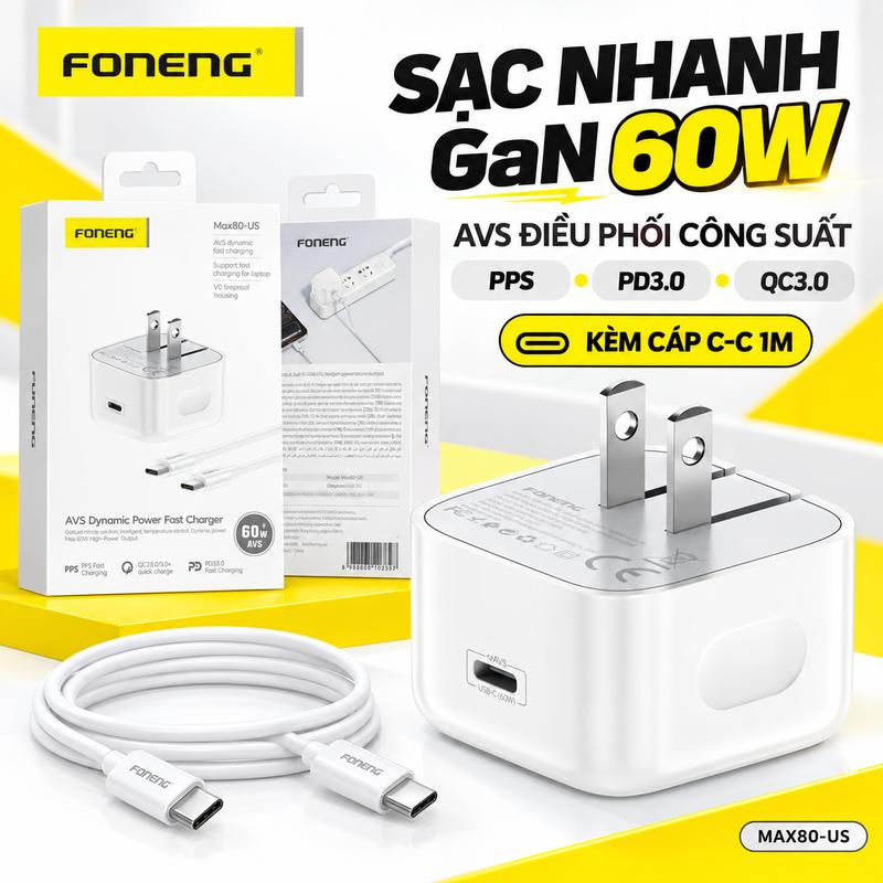 Max80|Bộ sạc nhanh GaN 60W, cổng Type‑C‑Type‑C US, có thể sạc cho laptop, điện thoại và máy tính bảng, hỗ trợ QC2.0/3.0/4.0, hỗ trợ FCP SCP VOOC, PD2.0/3.0 PPS và các giao thức sạc nhanh khác, kiểm soát nhiệt thông minh AVS, vỏ ngoài chống chá