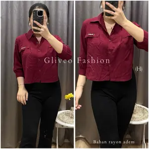 GLIVEO(COD) - CROP SHIRT SANGHAI RAYON TWILL ADEM / KEMEJA POLOS WANITA LENGAN PANJANG/ ATASAN LENGAN PANJANG WANITA baju karya jalan y