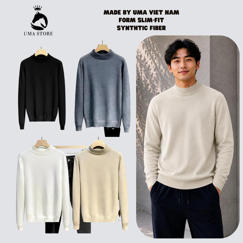 Áo Len nam nữ cổ 3 phân sợi dệt kim cao cấp U.M.A trẻ trung, năng động, ấp áp, thanh lịch ( POLOUMAOR ) Ôm gọn Trơn Menswear Trắng Lưng Cao Cổ Tròn Lưng Cao Cổ Tròn