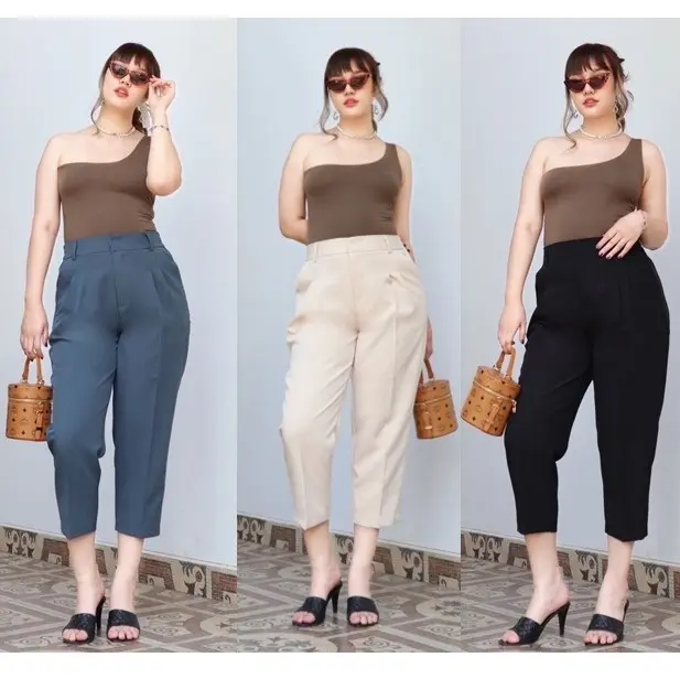 Plus Size Crease Free  High Waisted Buckle Closure Side Pockets Gutturized Back Tailored Pants Fabric Womenswear