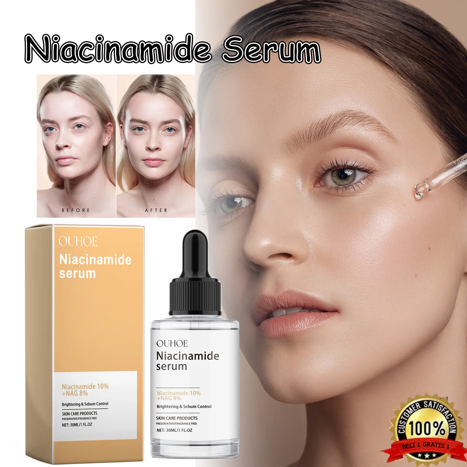 Serum Niacinamide (Glukosamin + Gliserin) - Mencerahkan Kulit Wajah, Menghilangkan Noda Hitam & Meratakan Warna Kulit, Pelembab 24 Jam Anti Kusam- Vitamin Perawatan