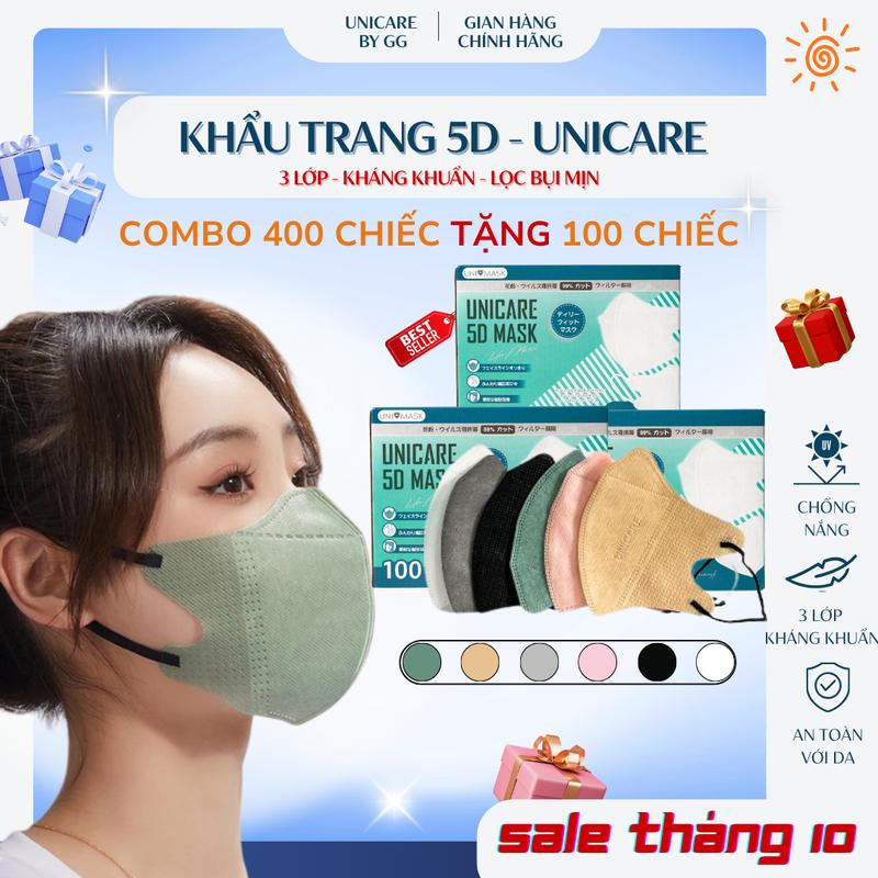 [MUA 400C+TẶNG 100C] Khẩu Trang 5D Unicare | Thiết Kế 3 Lớp Chống Bụi Mịn | Vải Không Dệt Chất Lượng Cao | Mềm Mịn Thoáng Khí Dễ Thở | Chống Nước Tốt, Dây Đeo Chắc Chắn Mềm Mịn | Phụ Kiện Thời Trang Nam Nữ