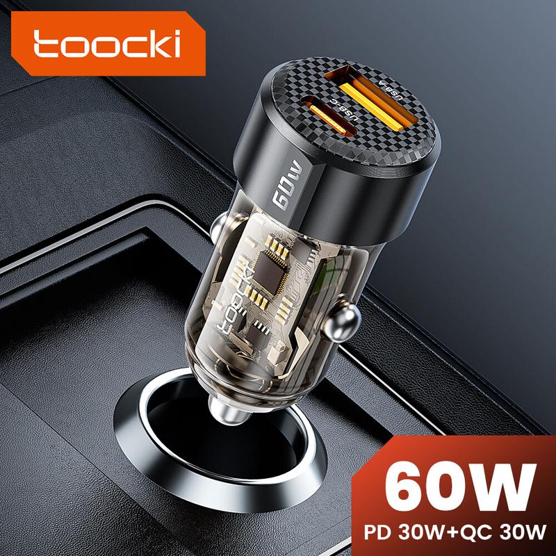 Bộ sạc ô tô trong suốt, Toocki, 60W, hỗ trợ sạc nhanh QC3.0, PD 3.0 và PPS, USB Type-C và USB-A + Type-C, sạc nhanh, tương thích với iPhone, iPad, Samsung, Huawei, Xiaomi
