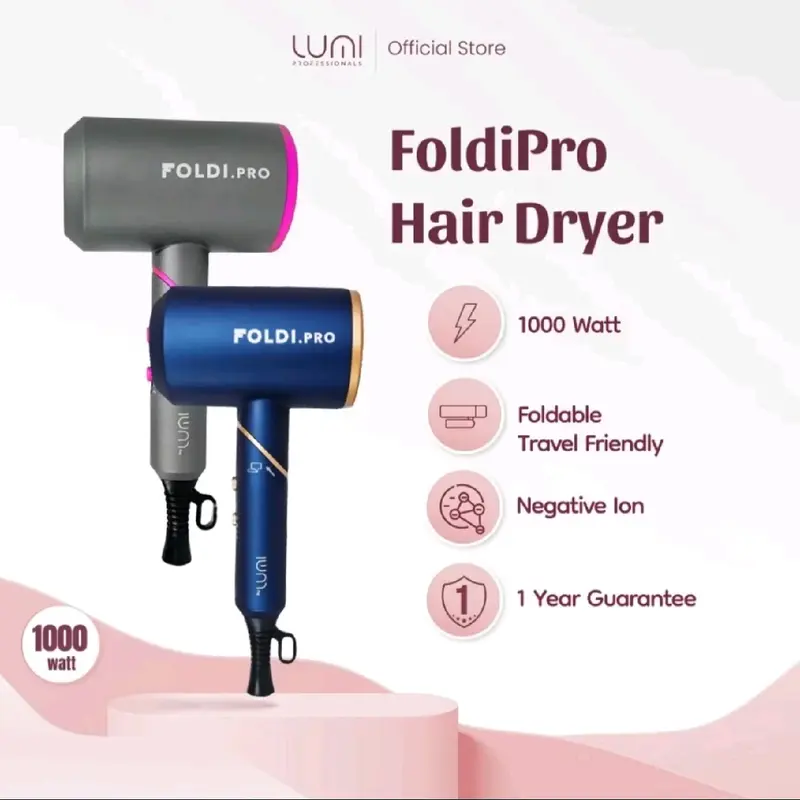 Hair Dryer Foldi Pro 1000w Original Biru by Lumi - Folding Handle, 2 Heat & 2 Speed, 3 Nozzle Design - Pengering 0