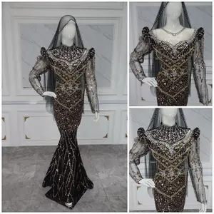 Gaun Slim Dress DR1 Full Sequin dan Manik-manik Cocok untuk Pernikahan dengan Kerudung dan Selayer Pundak Bahan Sequin Berkualitas Tinggi Lengan Panjang Elegan Panjang 167 cm Ukuran Regular