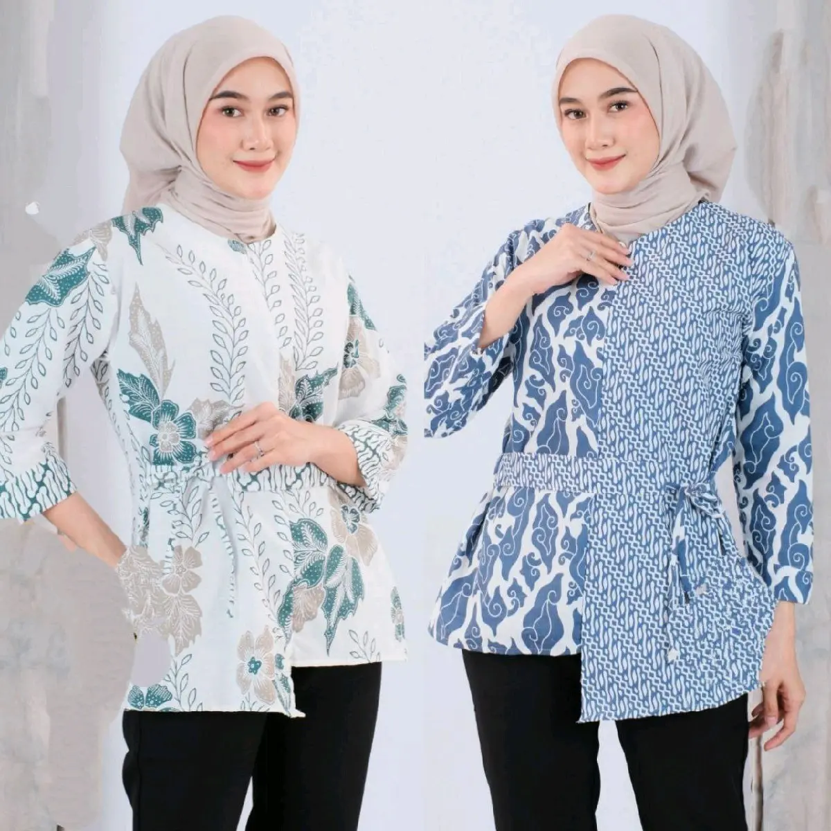 Blus Batik Wanita Terbaru Blus Batik Modern Viral Kekinian Baju Atasan Seragam Kerja Kantor Formal Katun Nyaman Tangan Panjang Motif Biru Ruffle Kancing Pendek