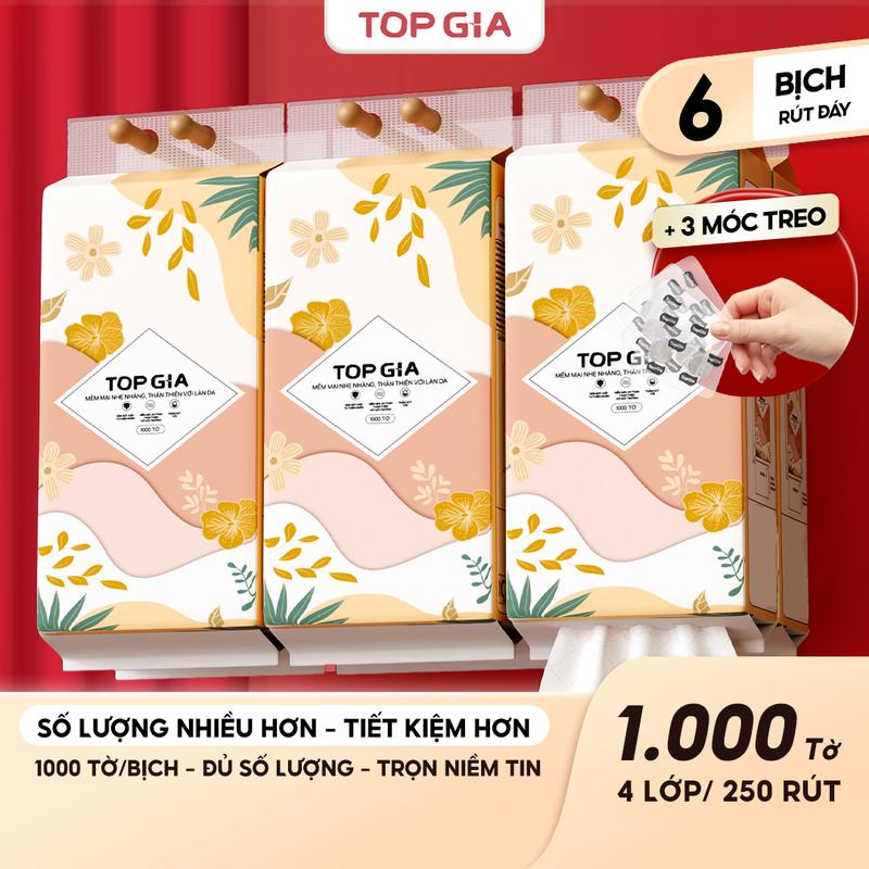 [DEAL LIVE] COMBO Thùng 6 Bịch Khăn Giấy Tiểu Hạ TOP GIA 4 Lớp Mềm Mịn, Thành Phần Bột Gỗ Tự Nhiên Thân Thiện An Toàn, Khăn Giấy Vệ Sinh 1000 tờ,  Tặng 3 móc treo Giấy Vệ Sinh giấy rút đa năng  tặng 3 móc treo ĐẠT QUY CHUẨN CỦA BỘ CÔNG THƯƠNG TG86