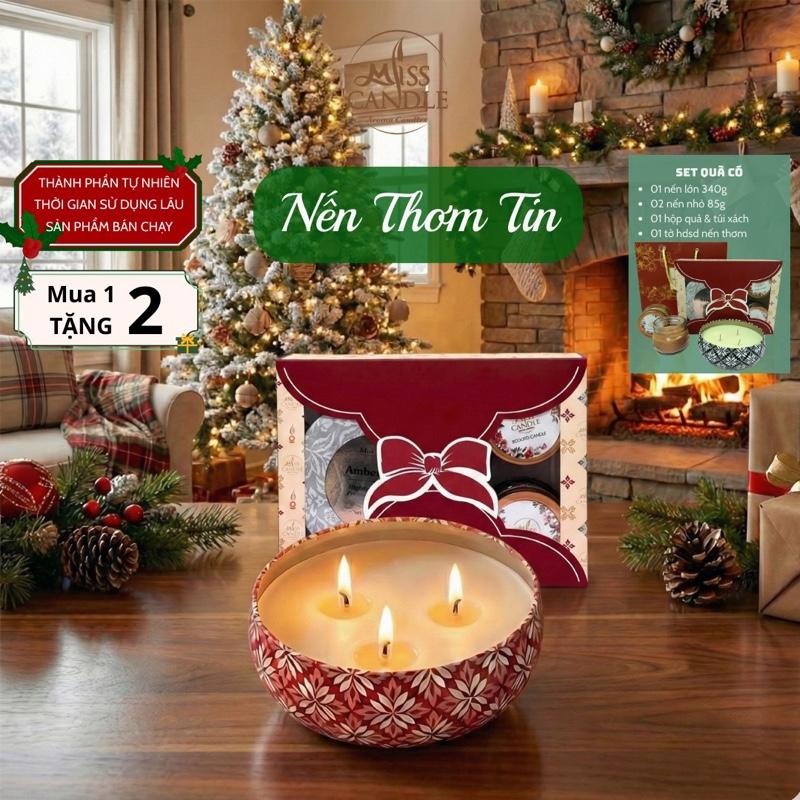 Miss Candle Nến Thơm Tin Opia - Hộp Full Size 340g Tặng 2 Nến Mini 20h - Decor Phòng Khử Mùi Tinh Dầu Dịu Nhẹ Mua 1 Tặng 2 Nến