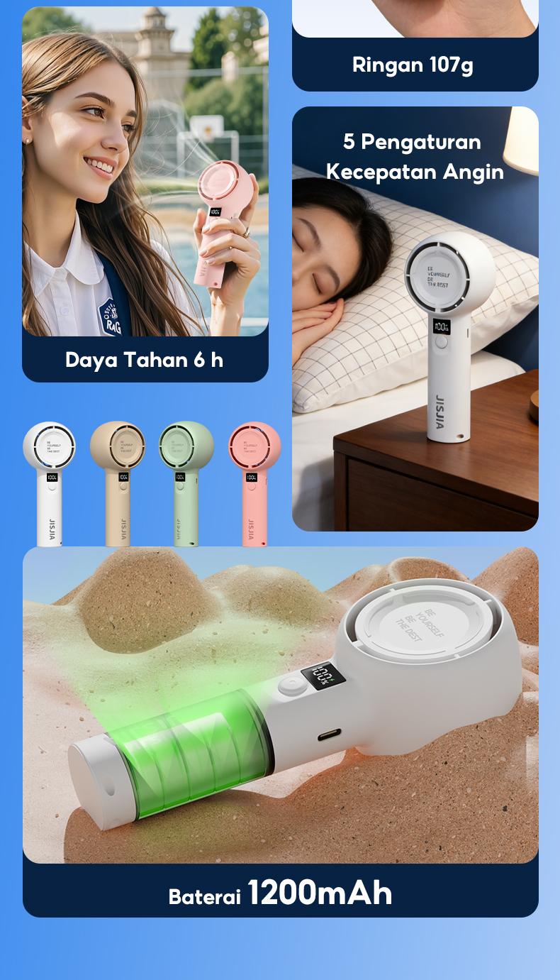 JISJIA Kipas Angin Mini A2 5-Speed 1200mAh LED Display Baterai Lithium USB Type-C Portabel Ringan untuk Tangan dan Desktop