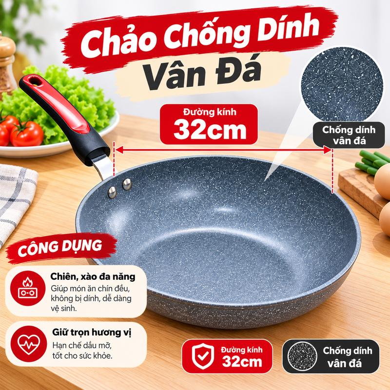 Chảo Chống Dính 32cm Màu Xám Họa Tiết Vân Đá, Chảo Chiên Xào Lòng Rộng, Tay Cầm Chắc Chắn