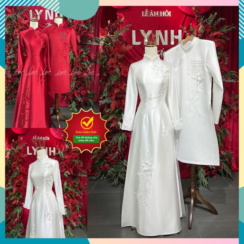 Cặp áo dài dâu rể họa tiết như Cánh Bướm Hạnh Phúc,nhành hoa Được thêu tay thủ công - Áo Dài Lynh