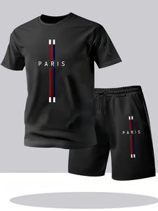 メンズ トレンド ラウンドネック半袖 ドローコード付きショーツセット、レタープリント入りカジュアルスポーツウェア、夏向けストリート・ビーチウェア