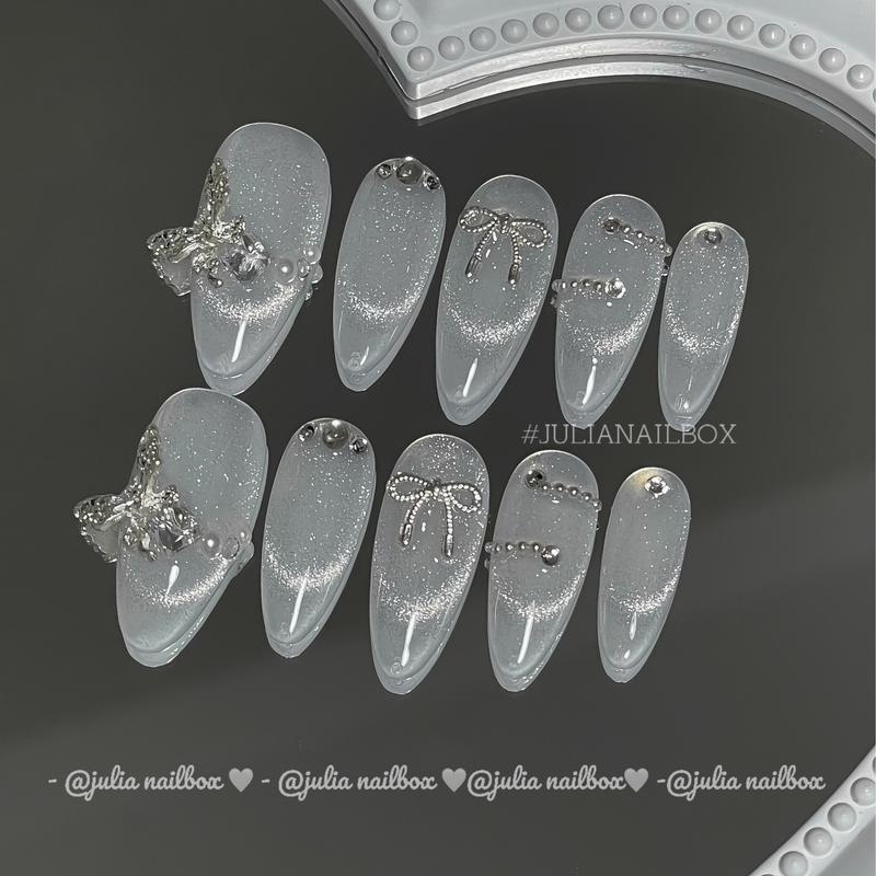 JuliaNailbox Mã 419 Móng tay giả thiết kế thủ công, sơn mắt mèo ánh trăng ( tặng kèm keo, miếng dán, dũa, bông lau móng ), gắn dễ dàng, tiện lợi có thể tái sử dụng Nữ