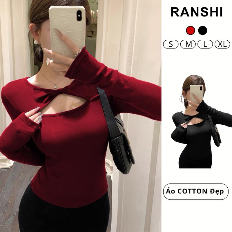   DEAL MỞ BÁN  Áo Thun Tay Dài Nữ Xoắn Ngực Dáng Ngắn Ôm Body RANSHI Gợi Cảm Sang Chảnh Chất Cotton Mịn RA344 Women Nữ Top 