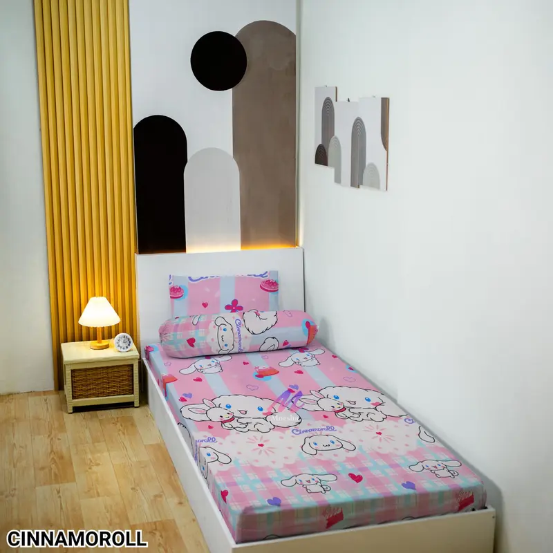 Sprei Set Anti Geser karet Ukuran 90x200 dan 120x200 Edisi Warna Soft Aesthetic Abstrak Karakter Murah free Sarung Bantal Guling Katun 2